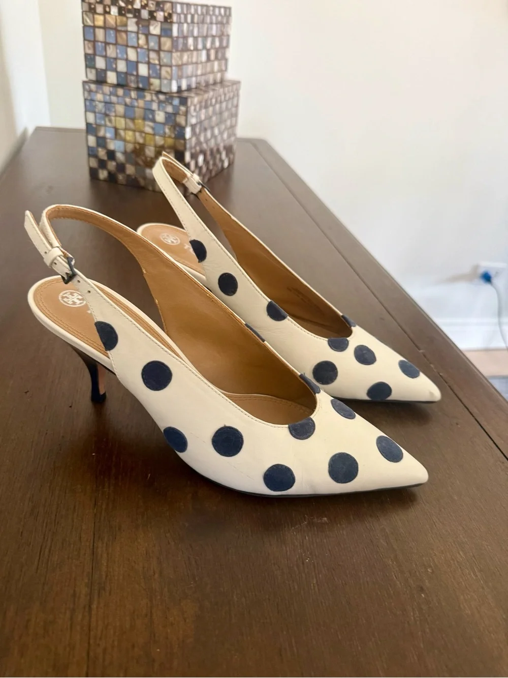 Tory Burch Cream Slingback Pumps with Navy Polka Dots